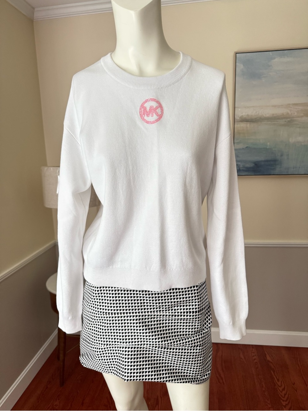 Michael Kors White Crewneck Sweatshirt with Pink MK Emblem